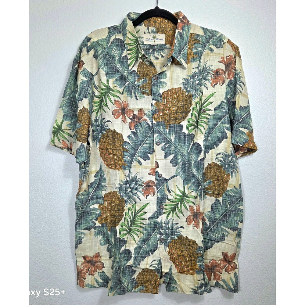 Island Shores Mens Large Rayon Tropical Pineapple Palm Leaf Aloha Shirt NWT
